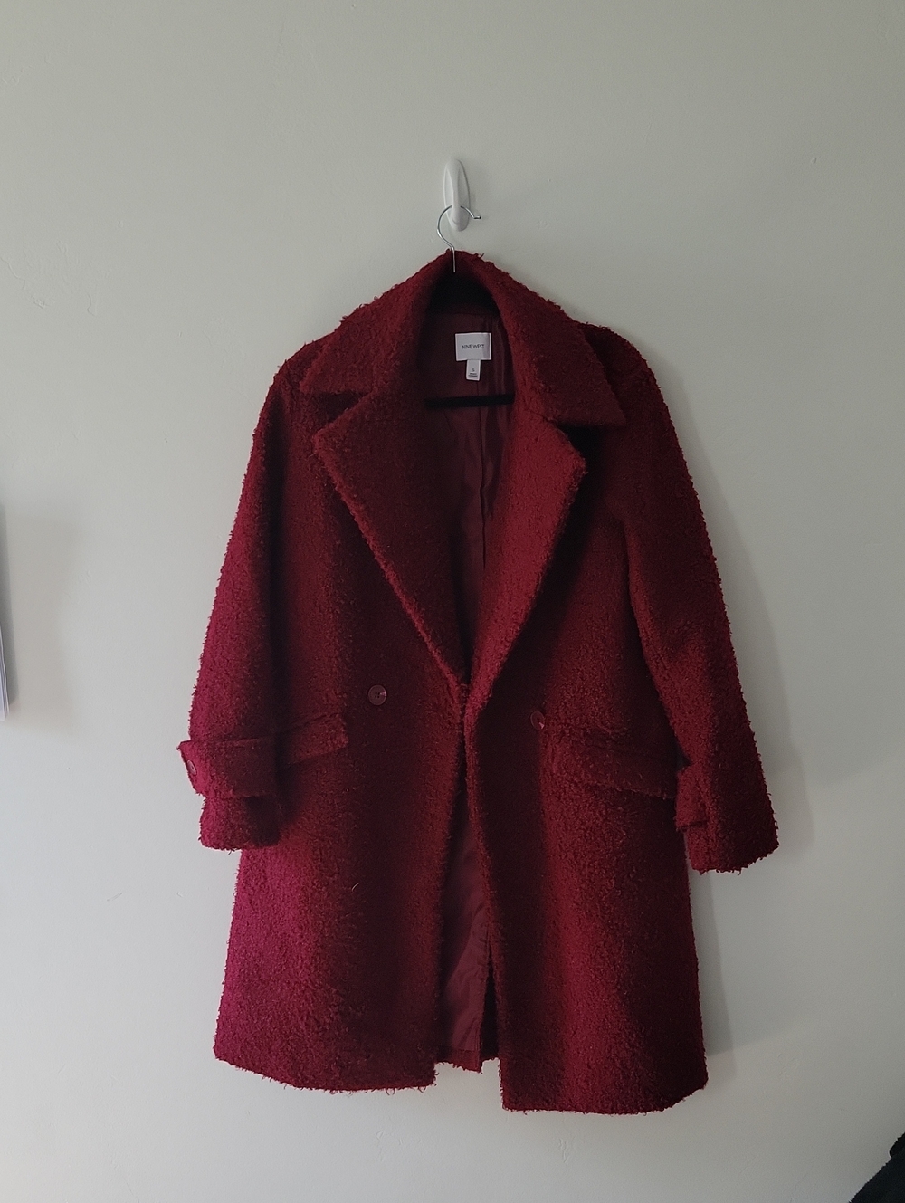 Nine West Deep Red Teddy Coat with Wide Lapels